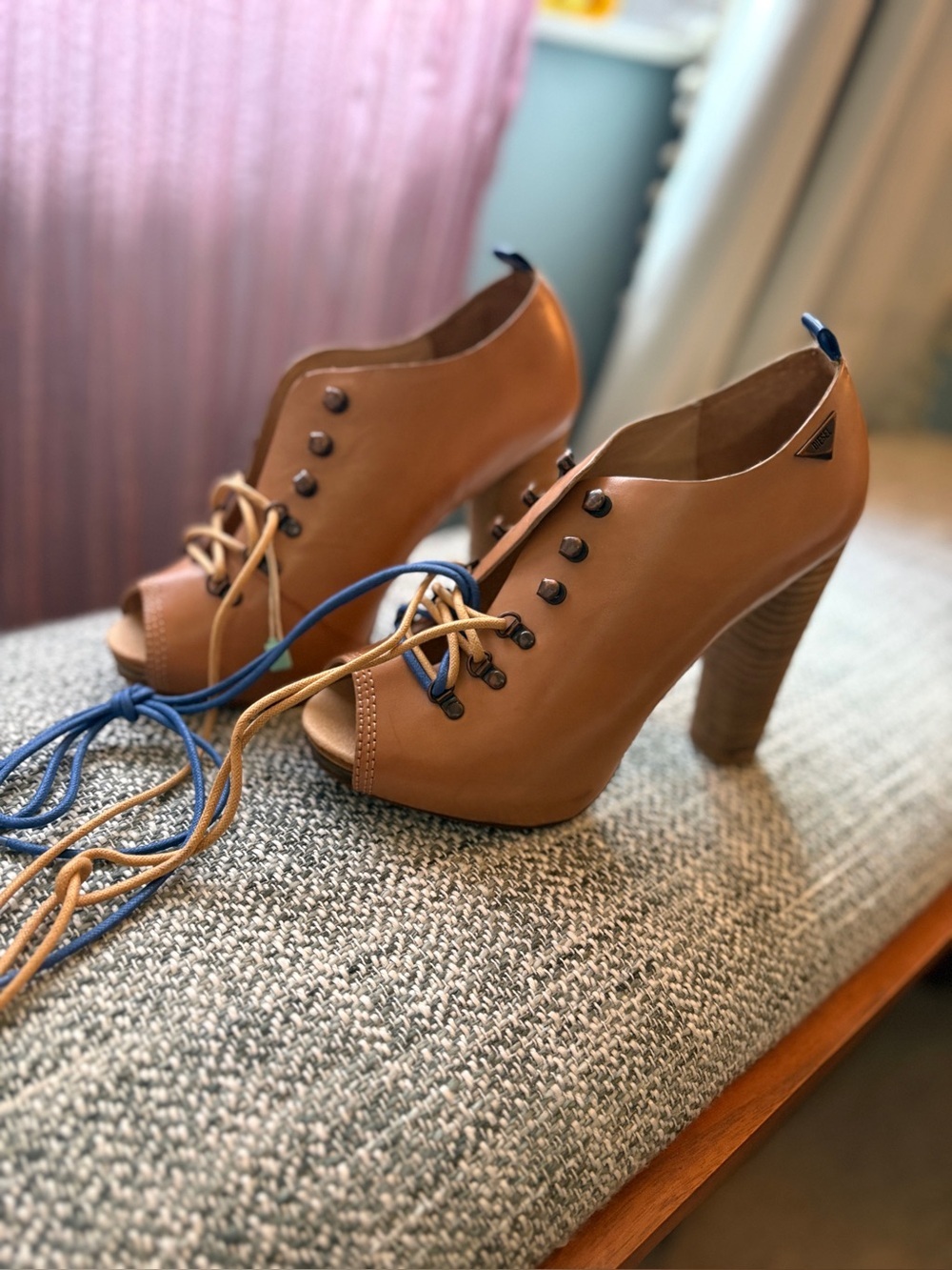 Diesel Tan Lace-Up Peep-Toe Platform Booties with Blue Laces - Picture 5 of 7